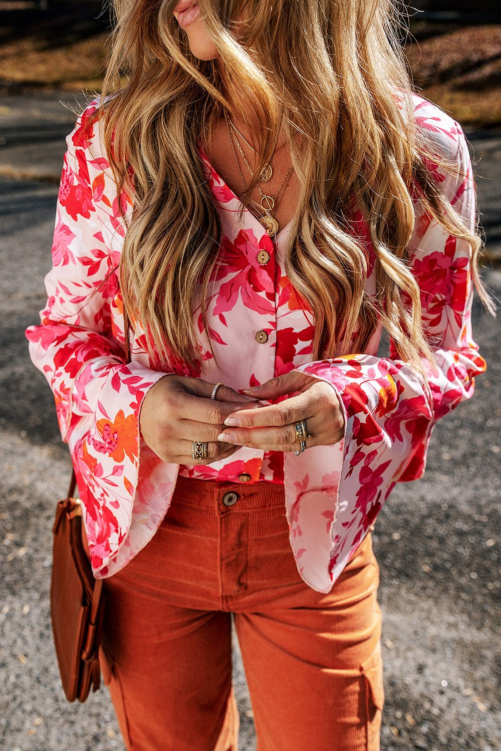 Floral Flare Sleeve Button Up V-Neck Bodysuit 