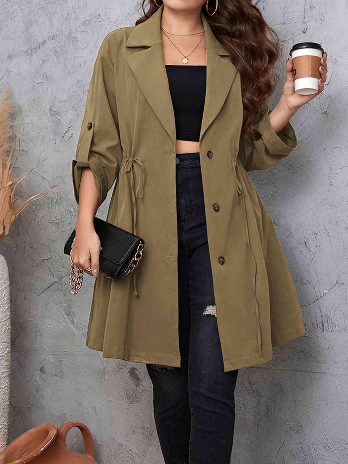 Plus Size Lapel Collar Drawstring Roll-Tab Sleeve Trench Coat 