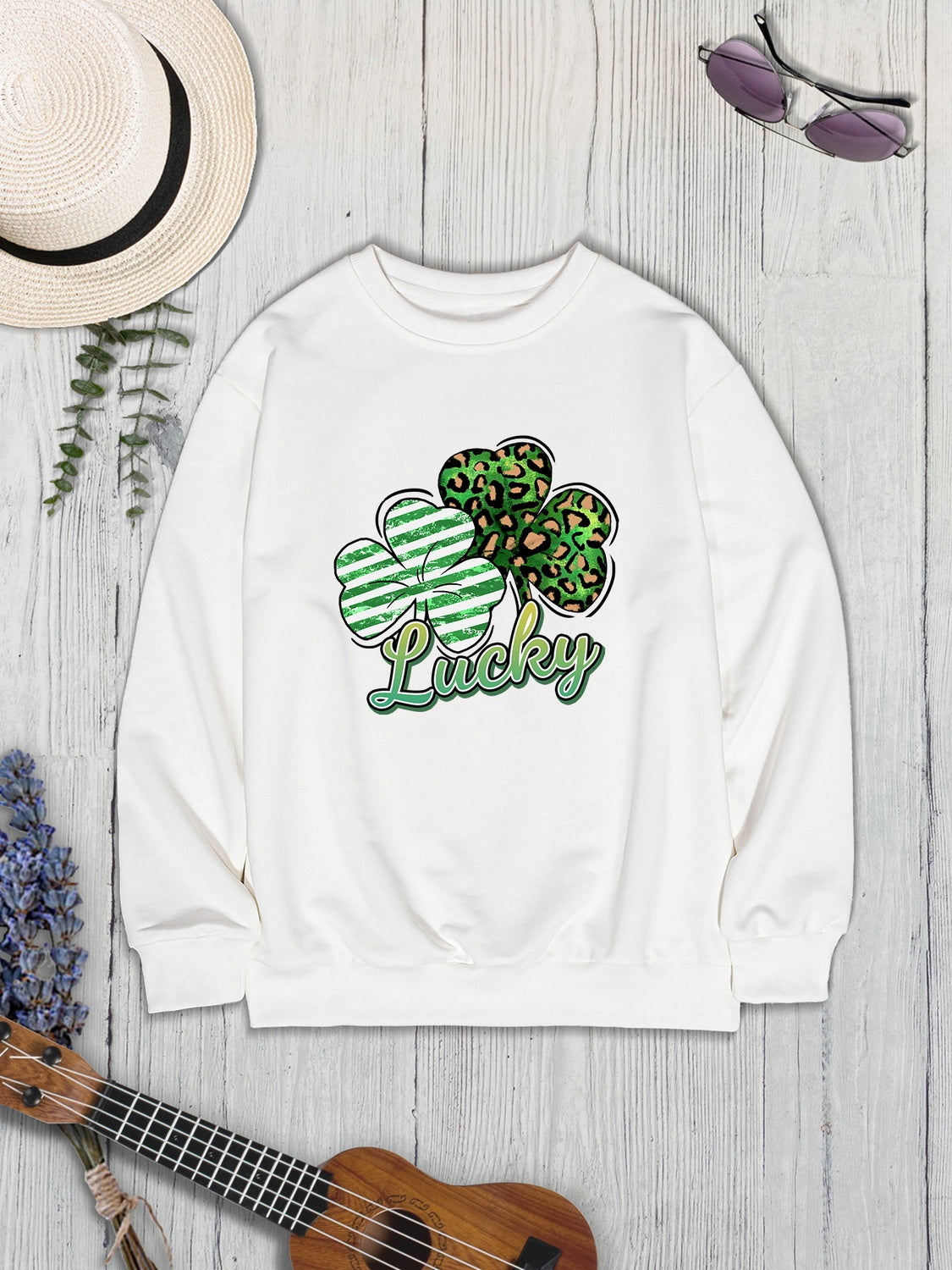 Lucky Clover Round Neck Dropped Shoulder Sweatshirt 