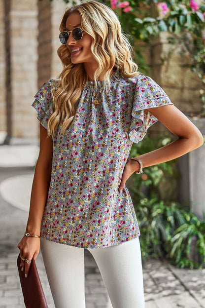 Floral Round Neck Flutter Sleeve Blouse 