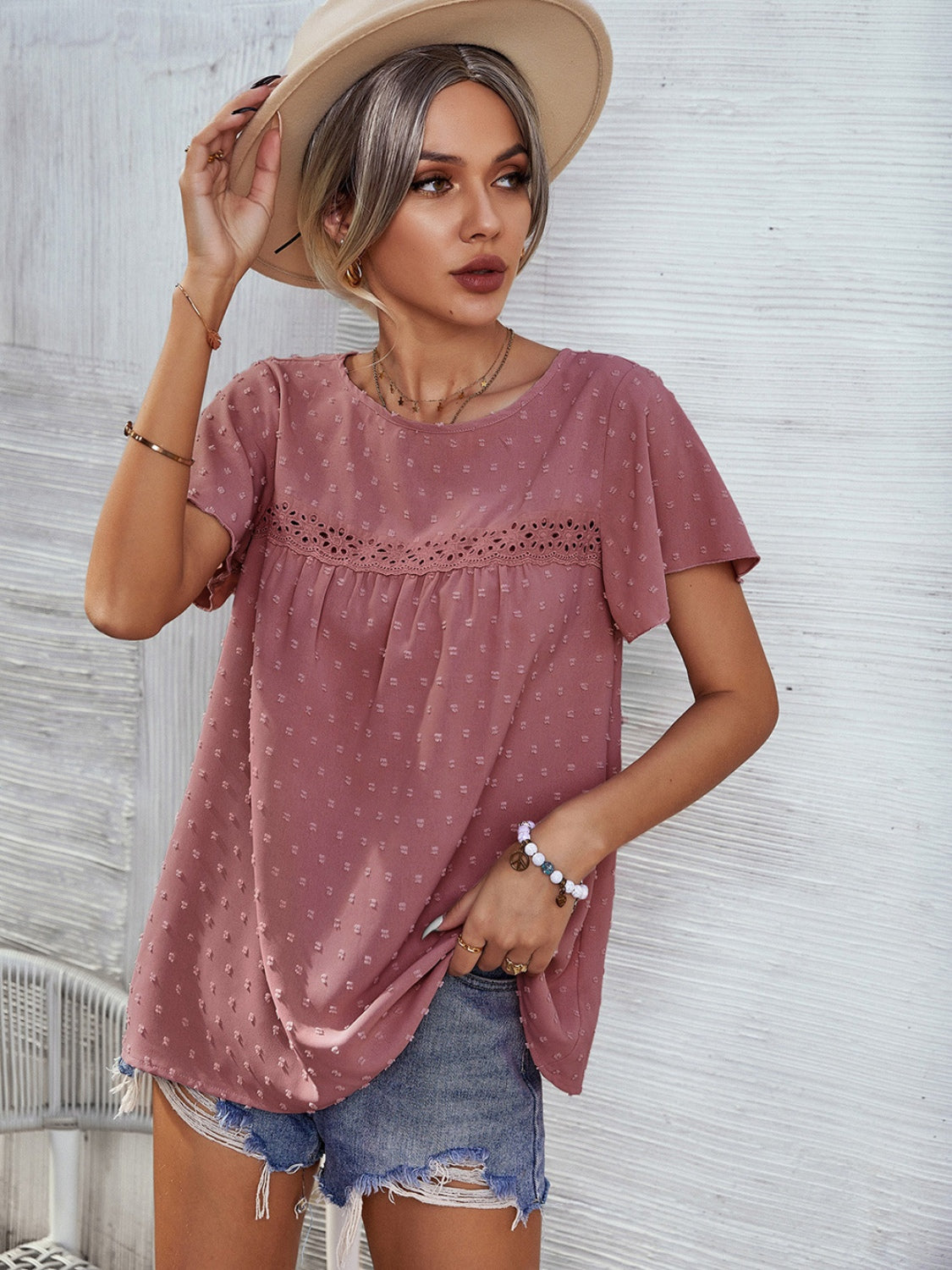 Lace Detail Round Neck Short Sleeve Blouse 