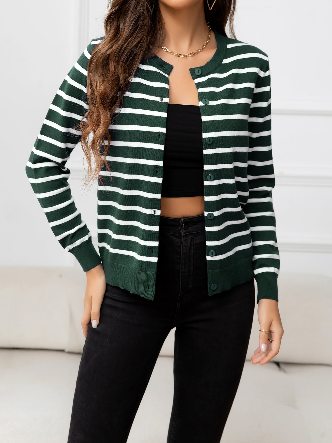 Striped Round Neck Long Sleeve Buttoned Knit Top 