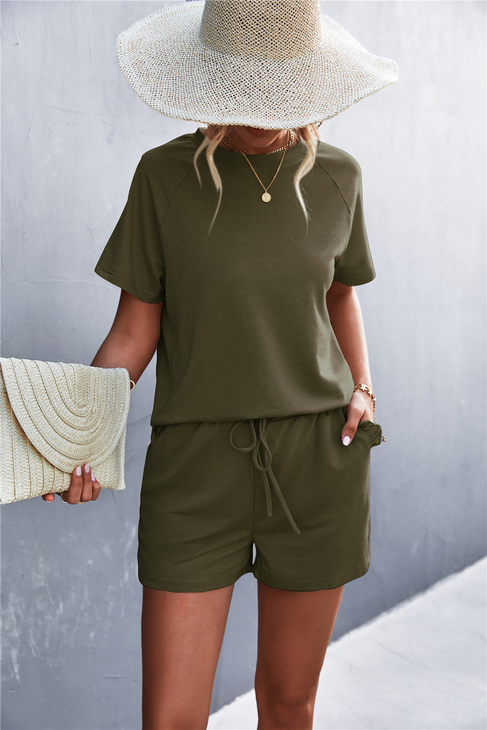 Raglan Sleeve Ruffle Hem Top and Shorts Set with Pockets 