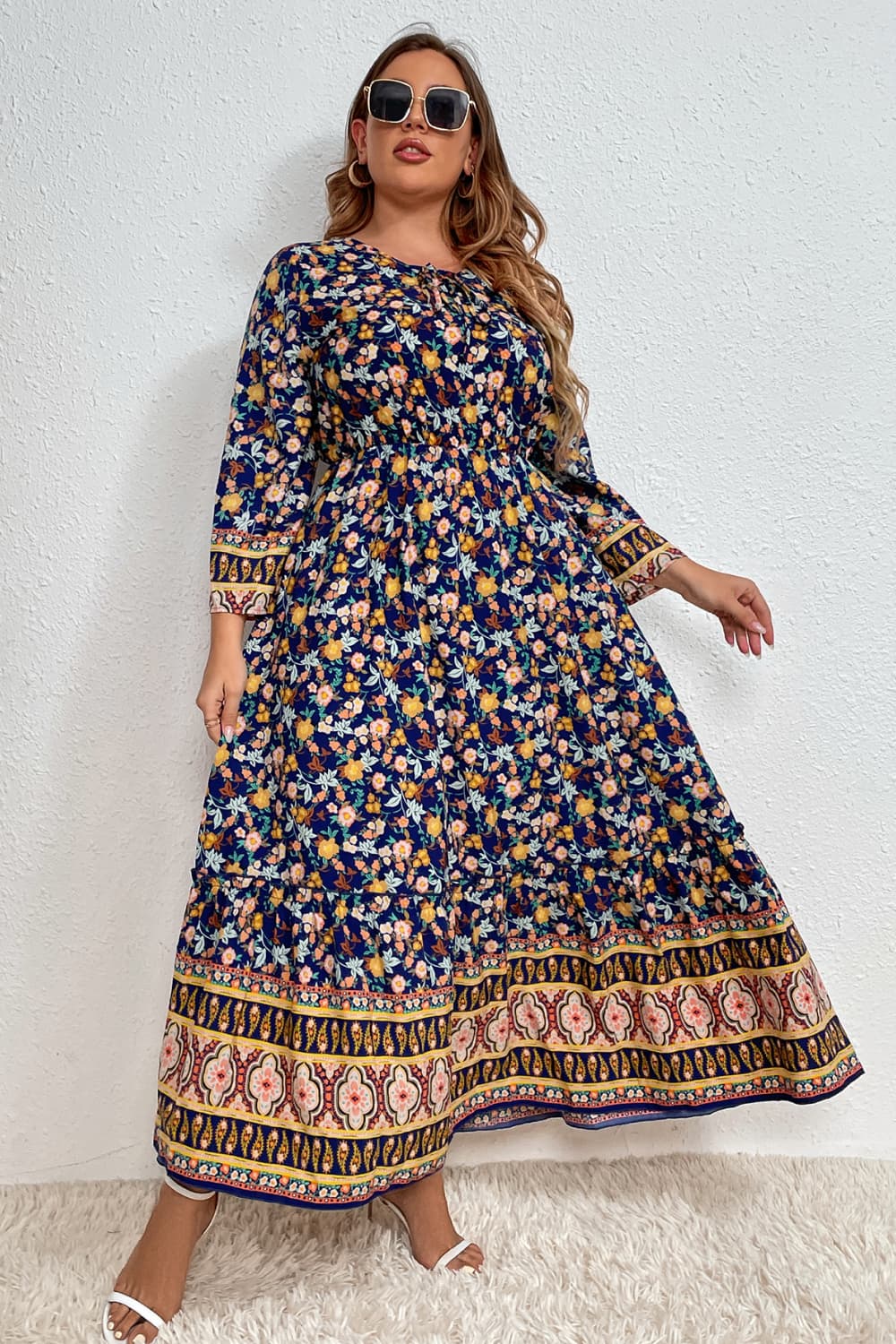 Melo Apparel Plus Size Bohemian Round Neck Maxi Dress 