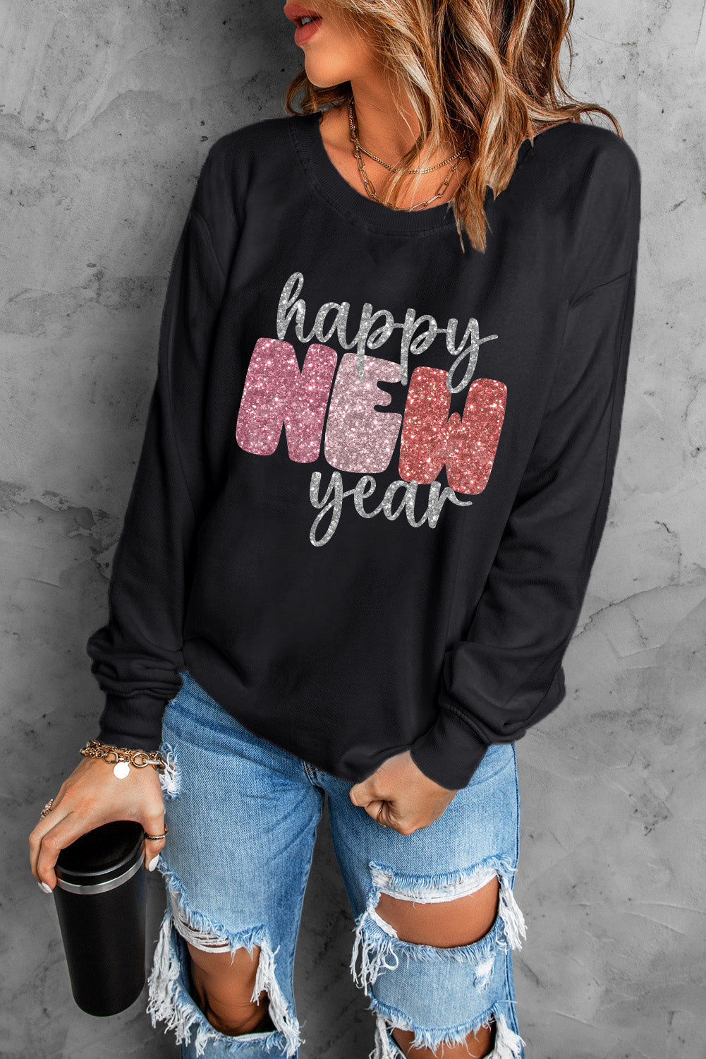 HAPPY NEW YEAR Round Neck Sweatshirt - Babbazon sweatshirt