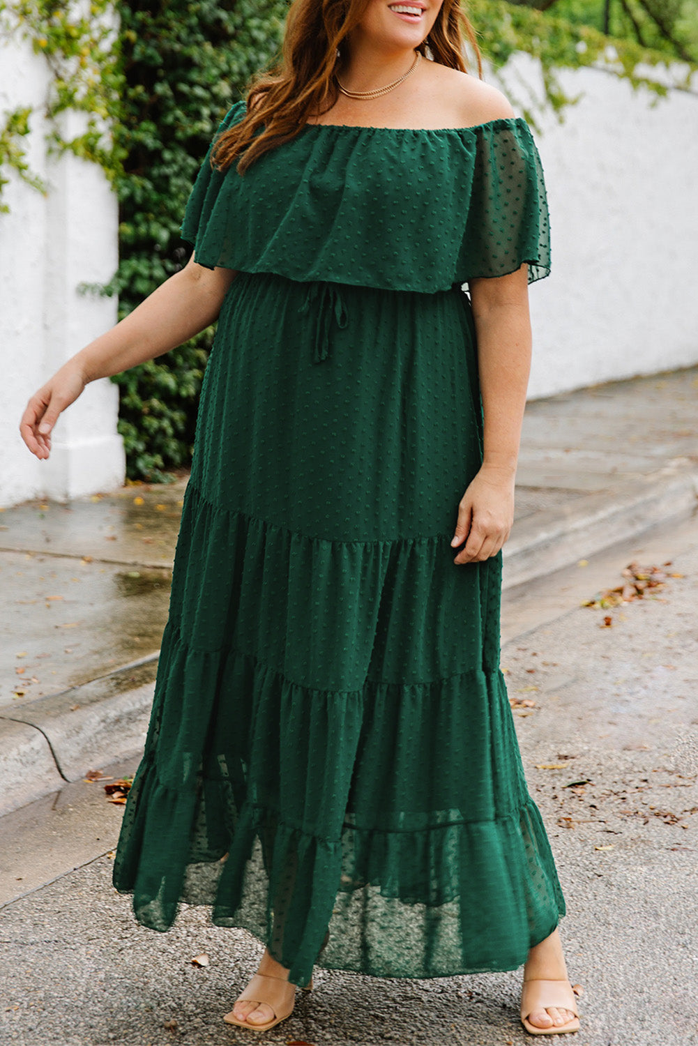 Plus Size Swiss Dot Off-Shoulder Tiered Dress - Babbazon Maxi Dress