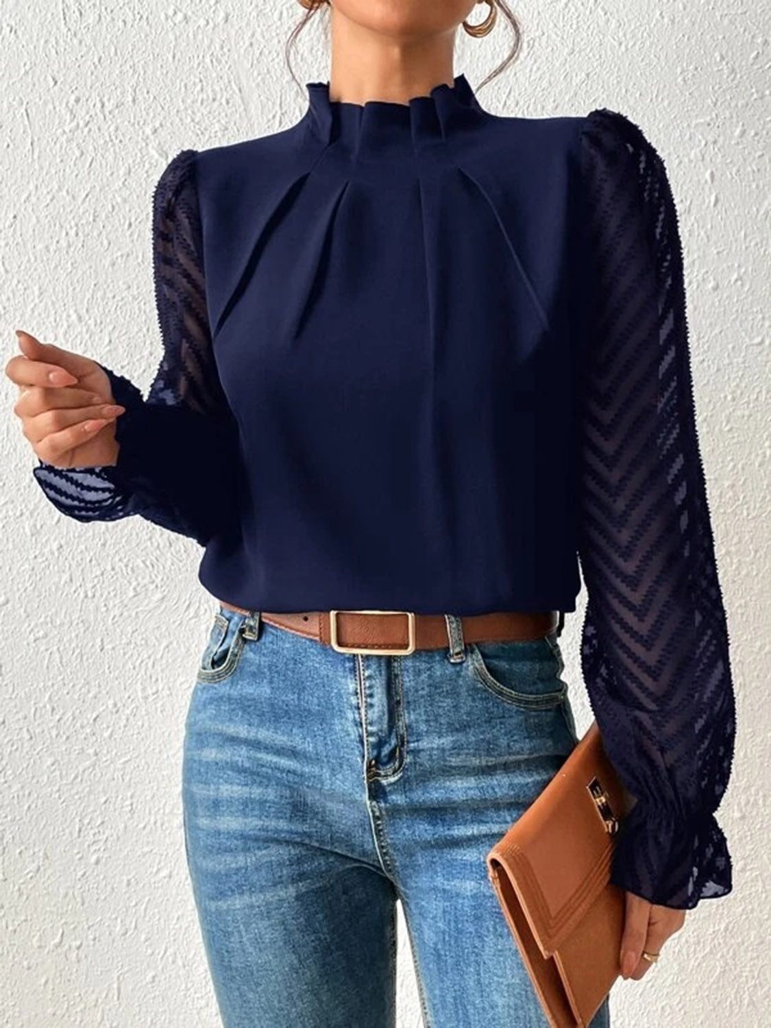 Mock Neck Flounce Sleeve Blouse 