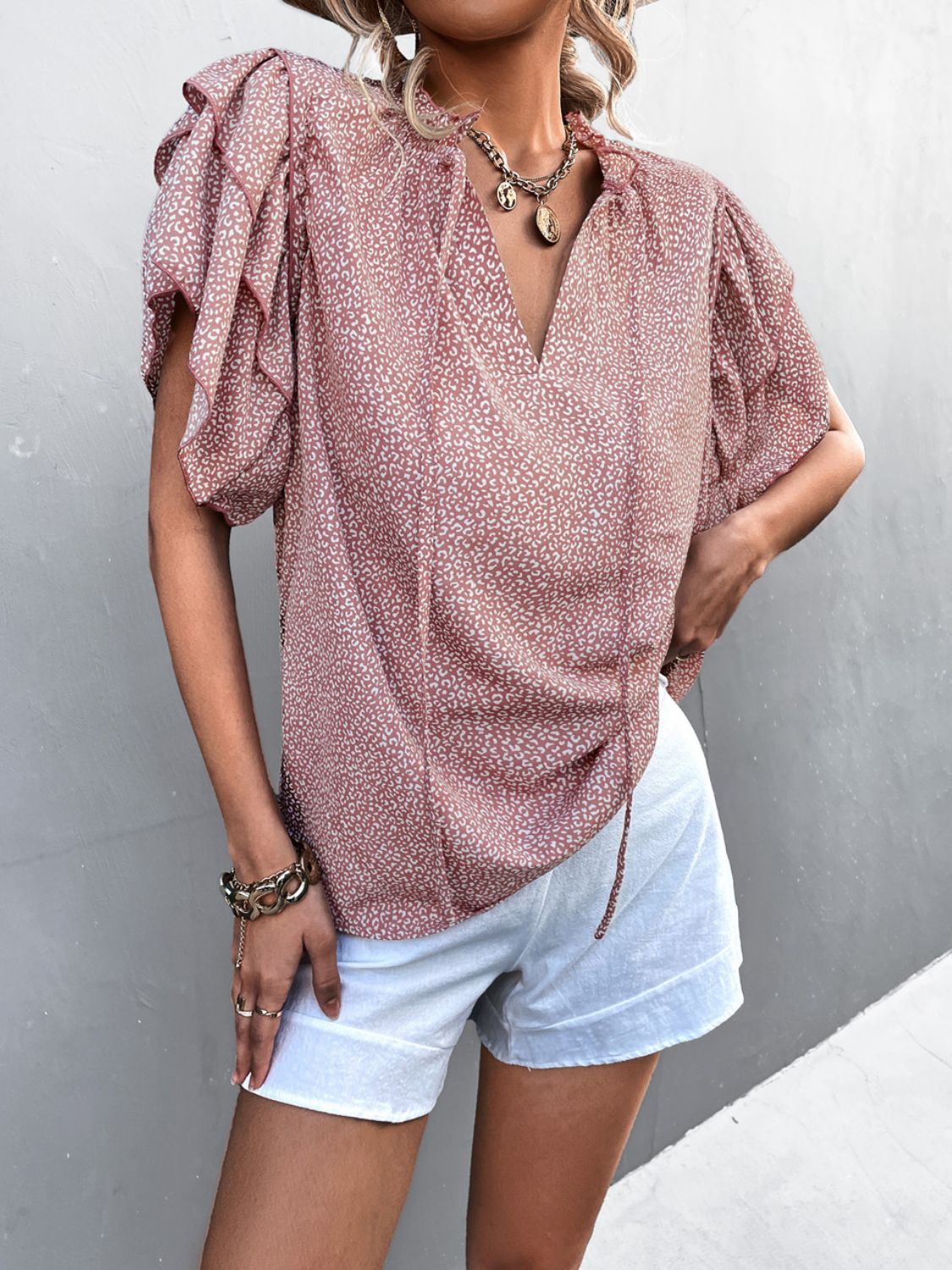 Printed Flutter Sleeve V-Neck Top 