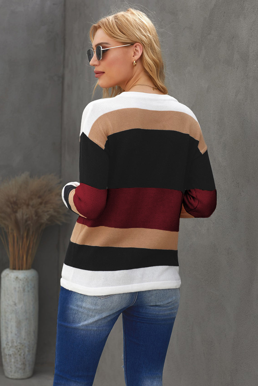 Round Neck Color Block Dropped Shoulder Knit Top 