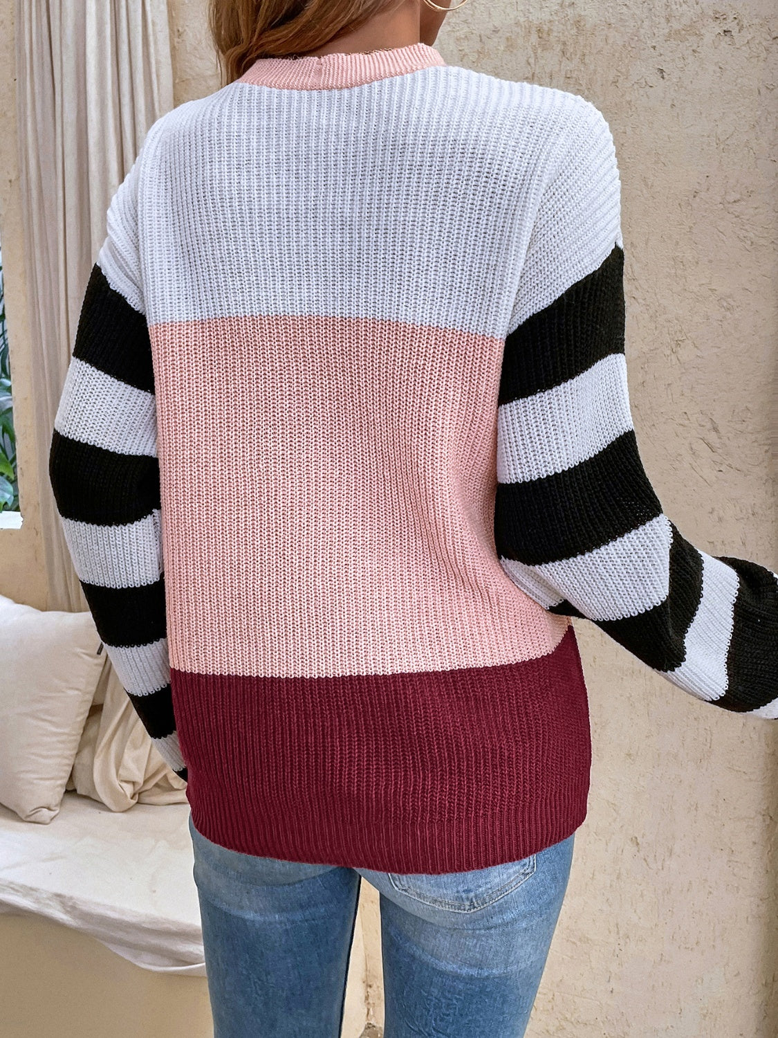 Color Block Tied Dropped Shoulder Sweater 