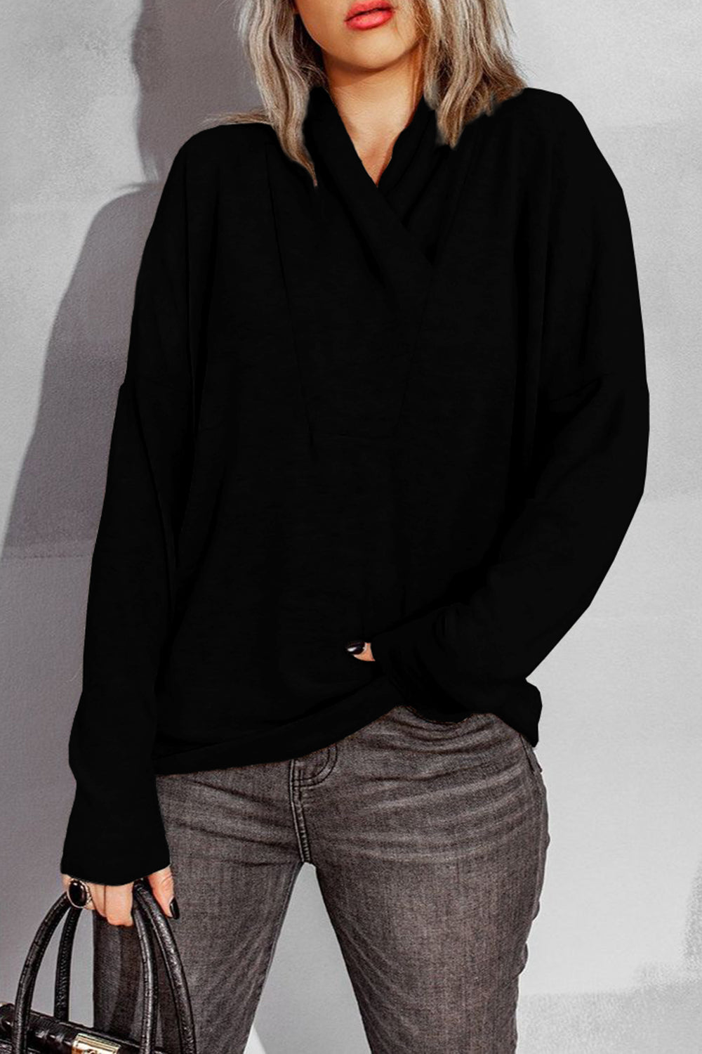 Surplice Dropped Shoulder Long Sleeve Sweater 