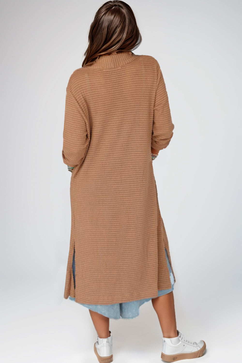 Open Front Long Sleeve Longline Slit Cardigan 