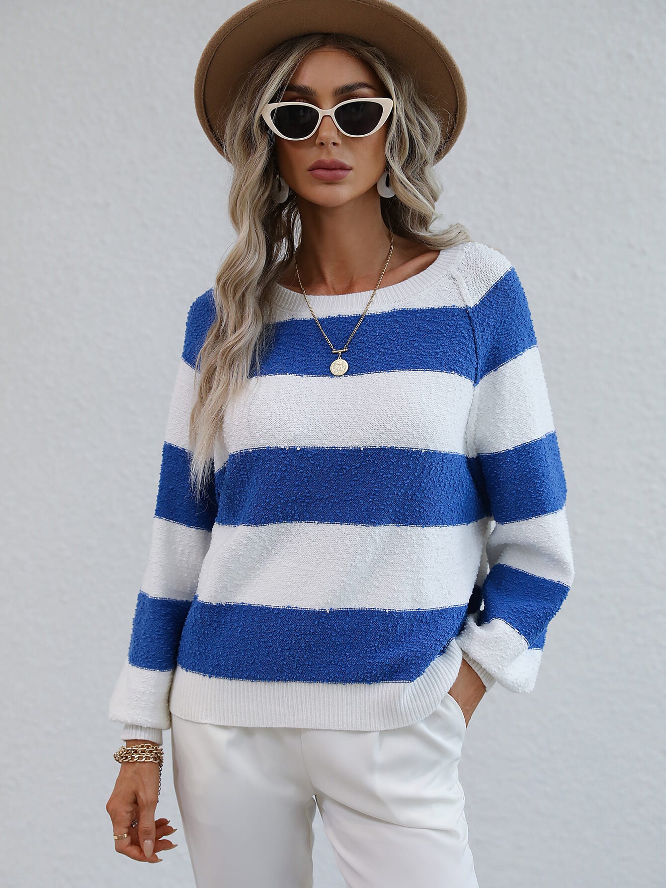 Striped Raglan Sleeve Ribbed Trim Knit Top 