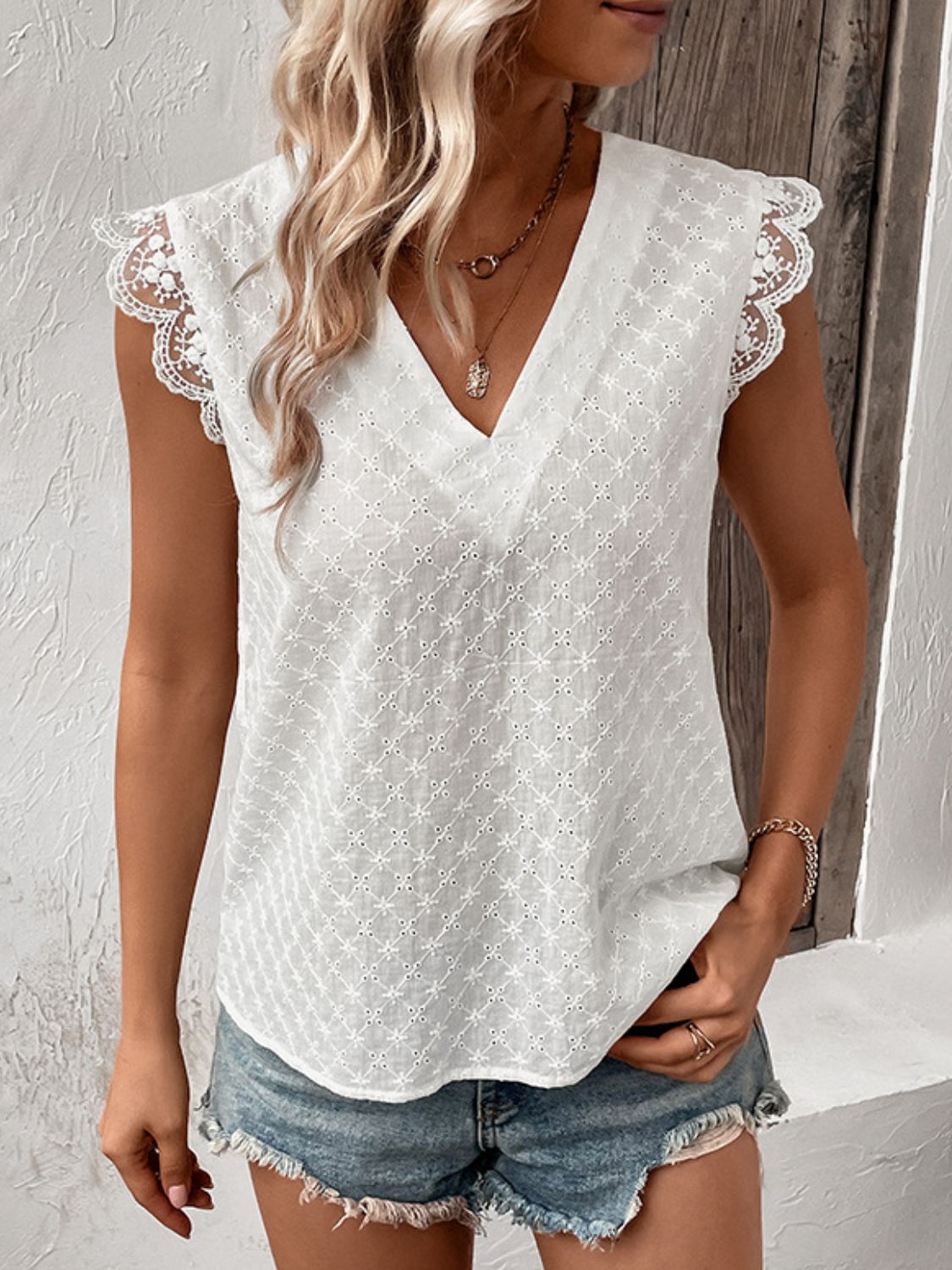 V-Neck Cap Sleeve Spliced Lace Top 