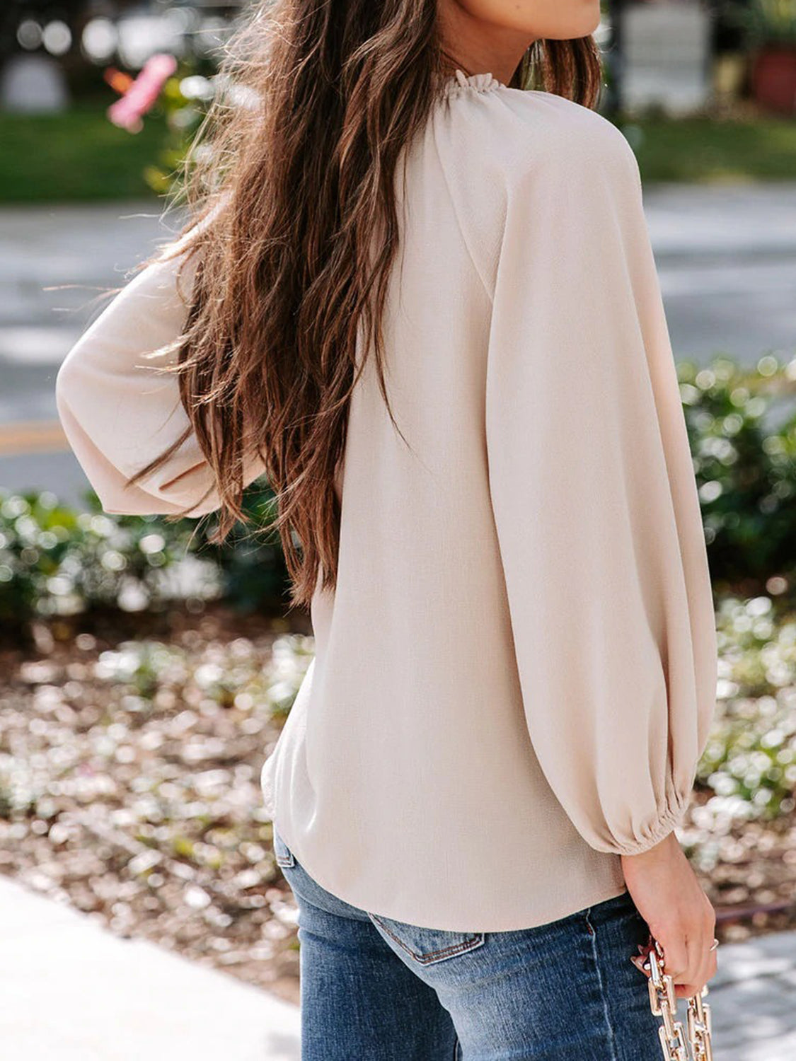 Notched Neck Long Sleeve Blouse 