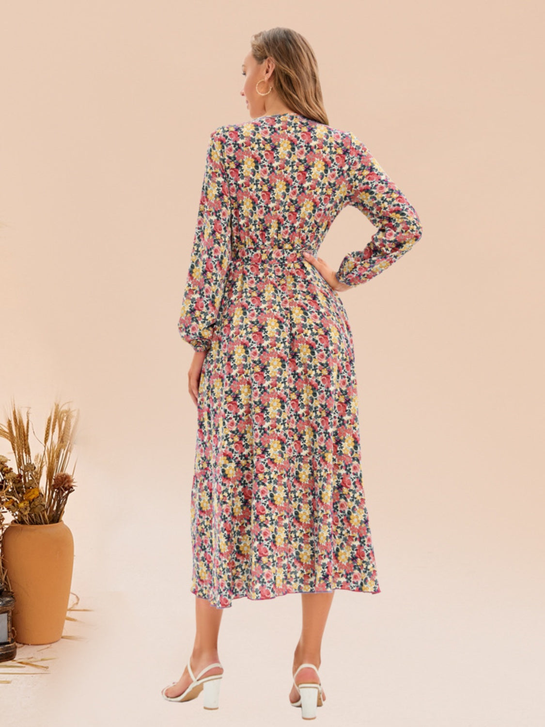 Full Size Printed Surplice Long Sleeve Dress 