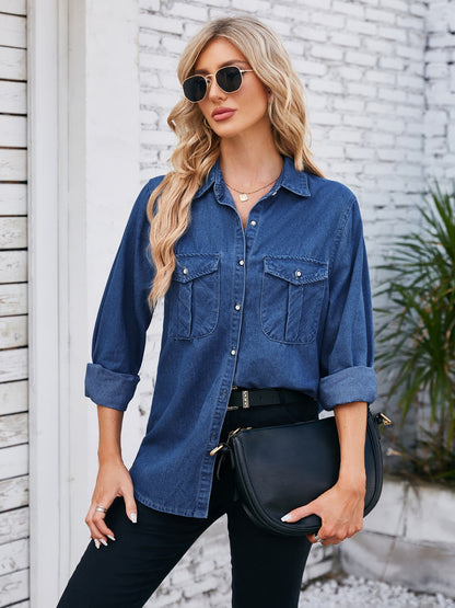 Button Up Collared Neck Denim Jacket 