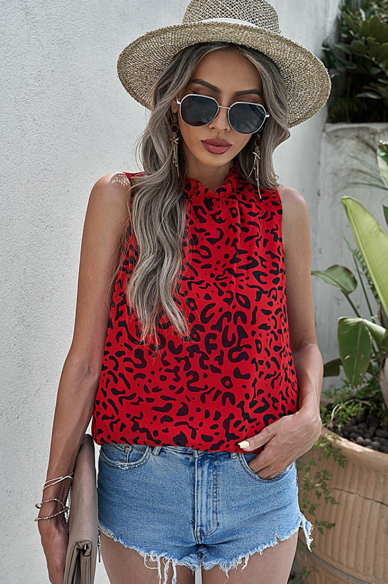 Leopard Print Ruffled Neck Tank Top - Babbazon