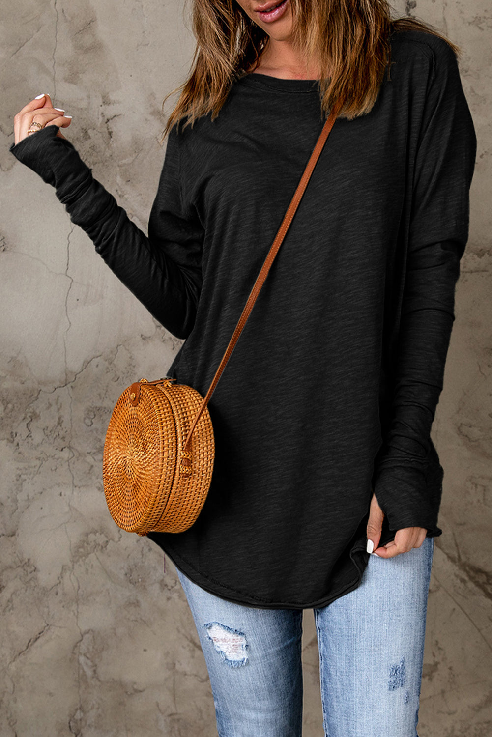 Thumbhole Long Sleeve Round Neck Top 