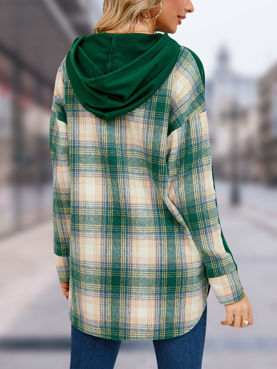 Plaid Drawstring Long Sleeve Slit Hoodie 