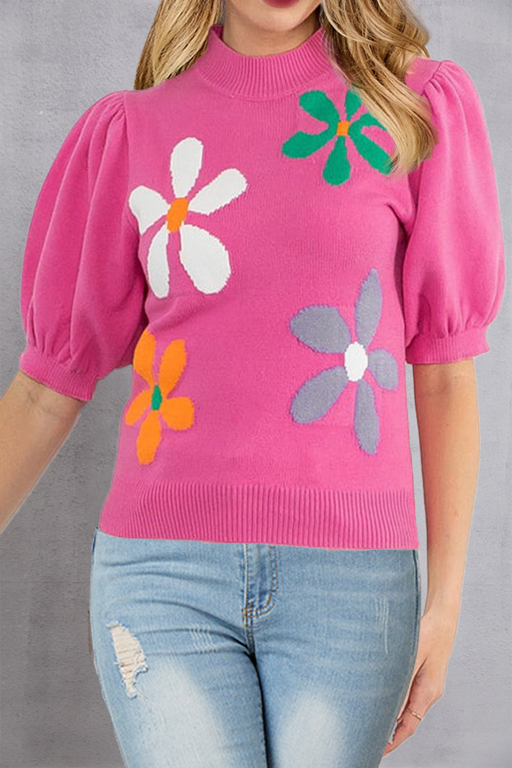 Flower Mock Neck Short Sleeve Sweater - Babbazon Tops