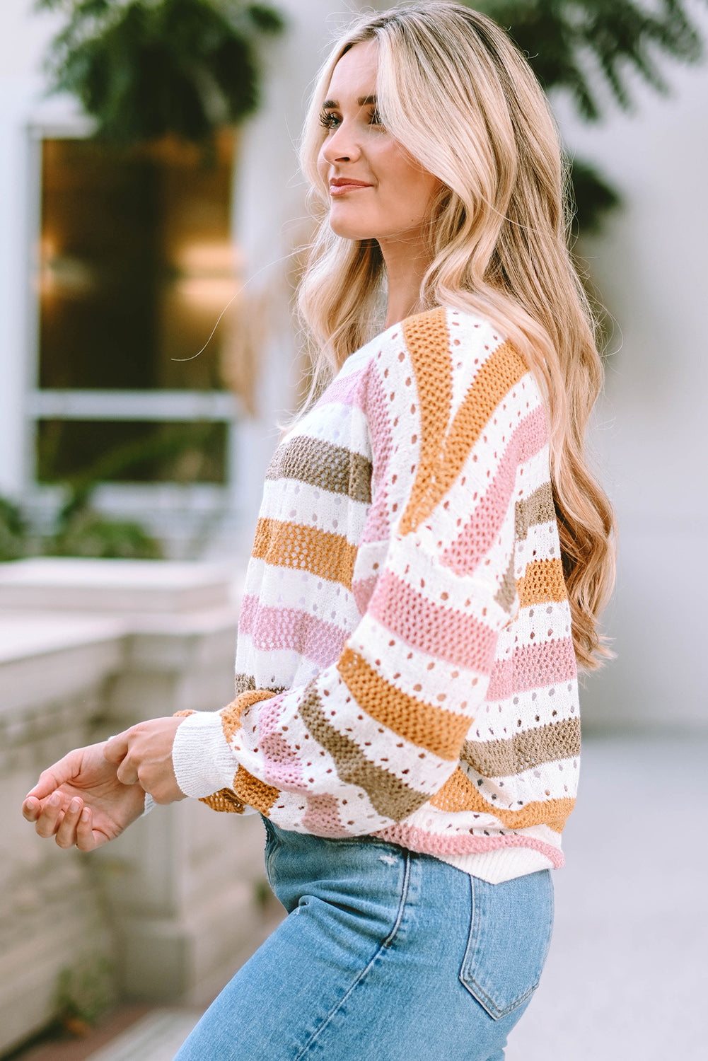 Openwork Striped Round Neck Long Sleeve Knit Top 