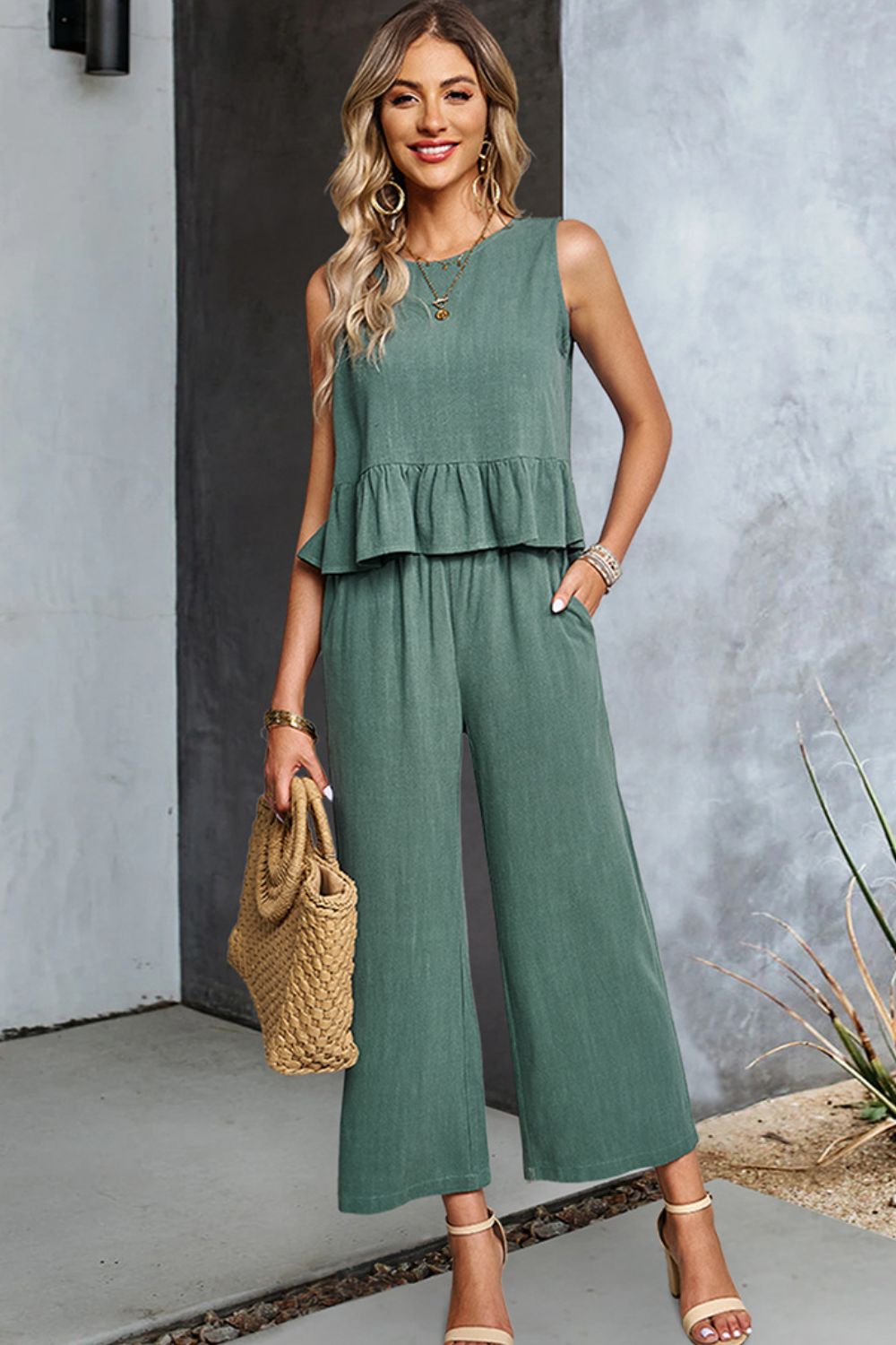 Decorative Button Ruffle Hem Tank and Pants Set 