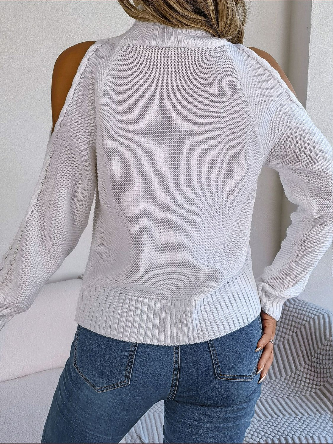 Cable-Knit Turtleneck Cold Shoulder Sweater 