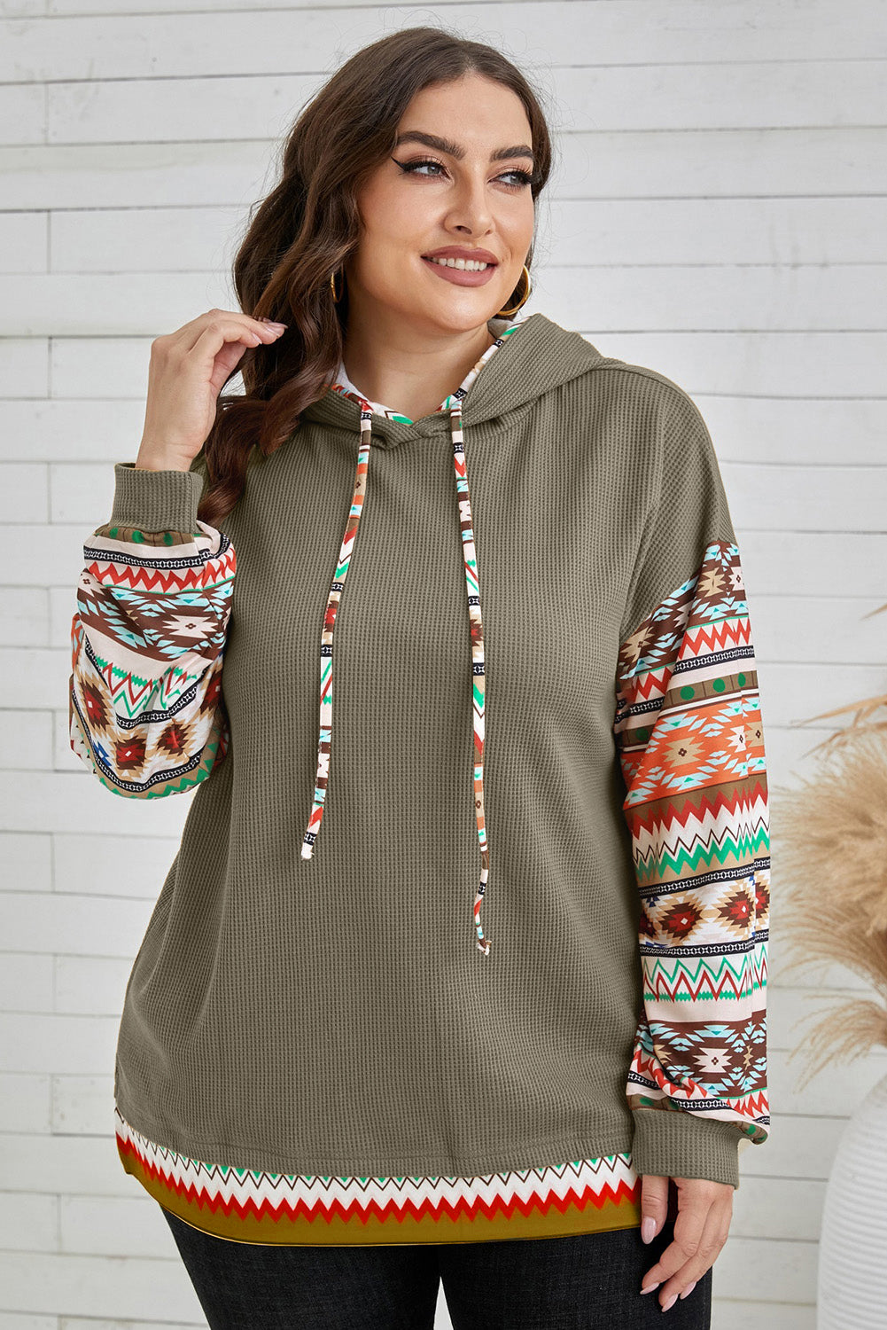 Plus Size Waffle-Knit Geometric Dropped Shoulder Hoodie 