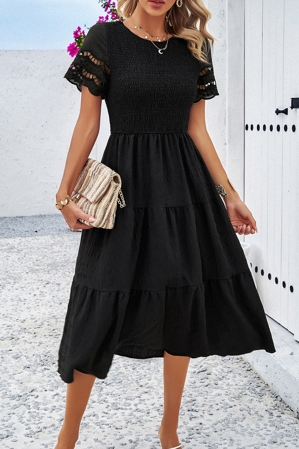 Smocked Round Neck Short Sleeve Midi Dress 