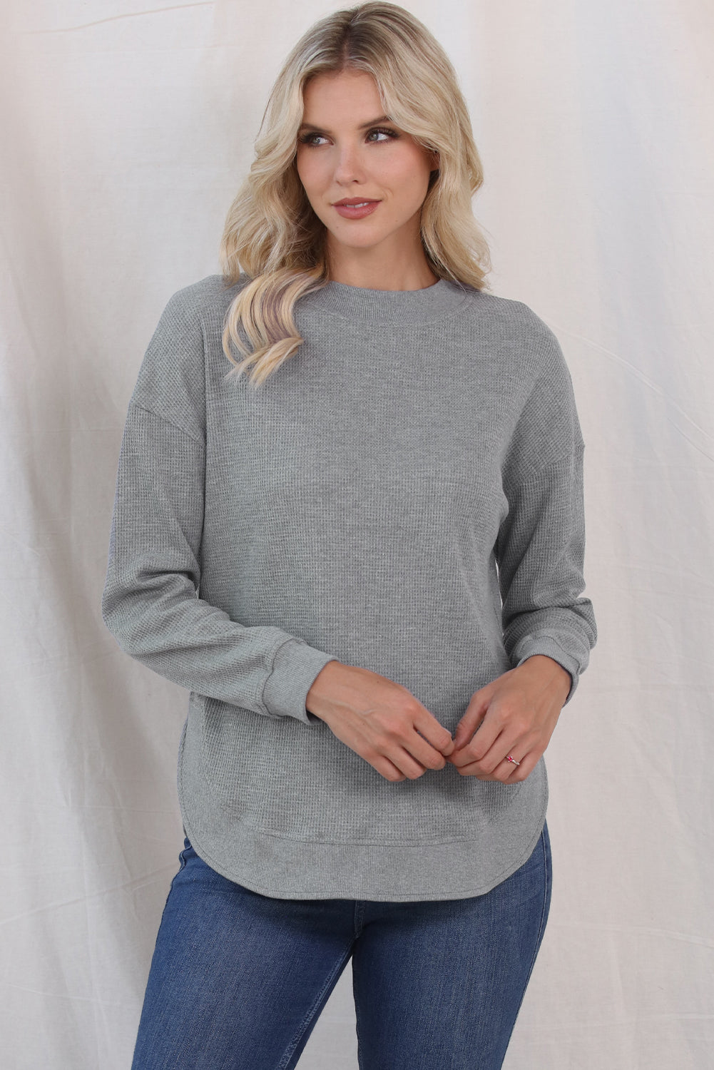 Waffle-Knit Crewneck Drop Shoulder Top 