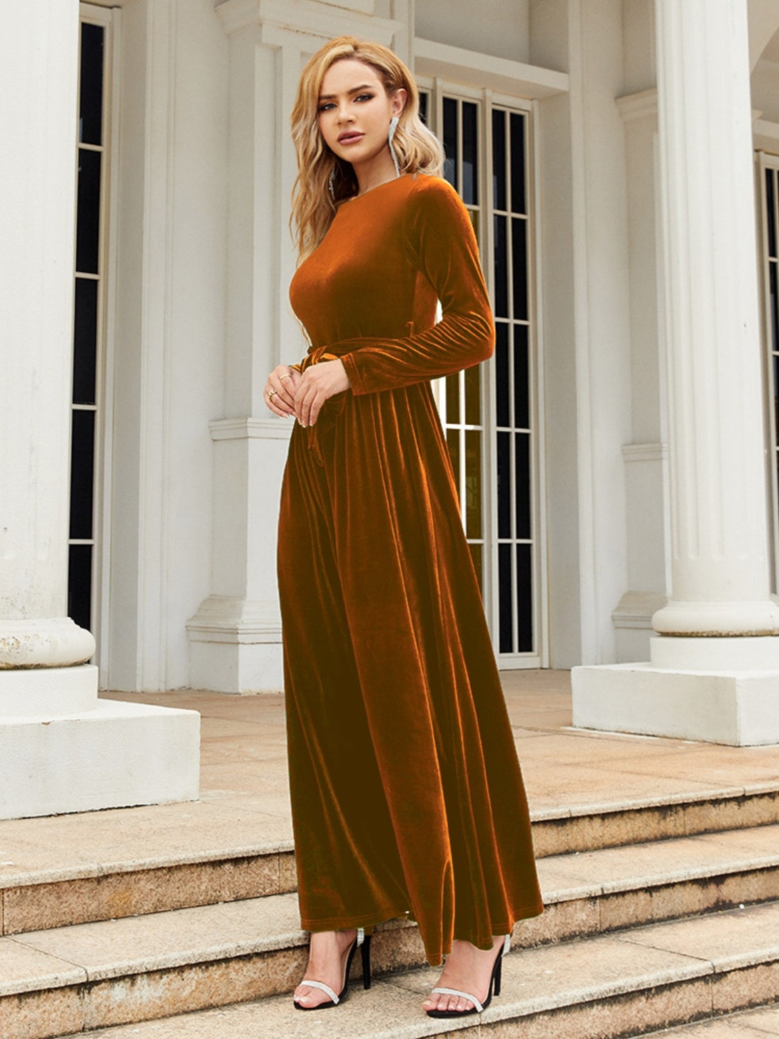 Tie Front Round Neck Long Sleeve Maxi Dress 