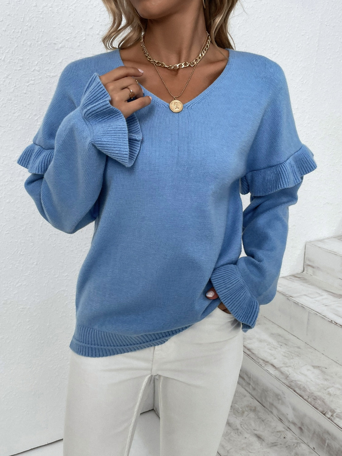 Ruffled V-Neck Dropped Shoulder Sweater 