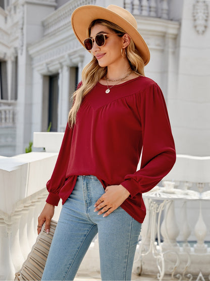 Heathered Round Neck Lantern Sleeve Blouse