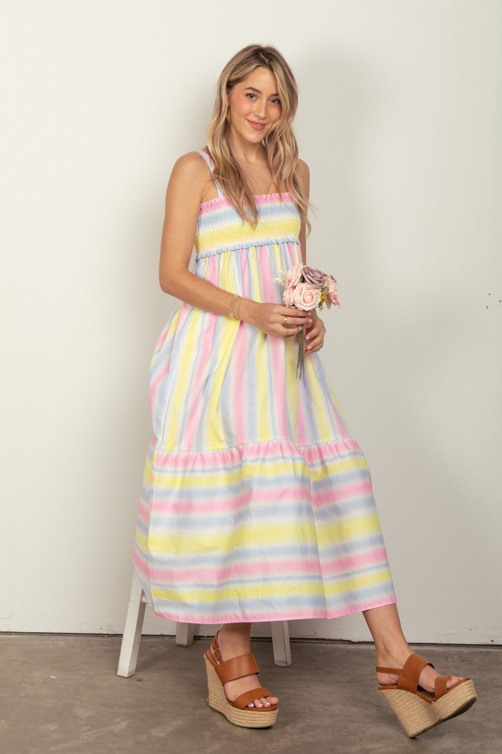 VERY J Striped Woven Smocked Midi Cami Dress 