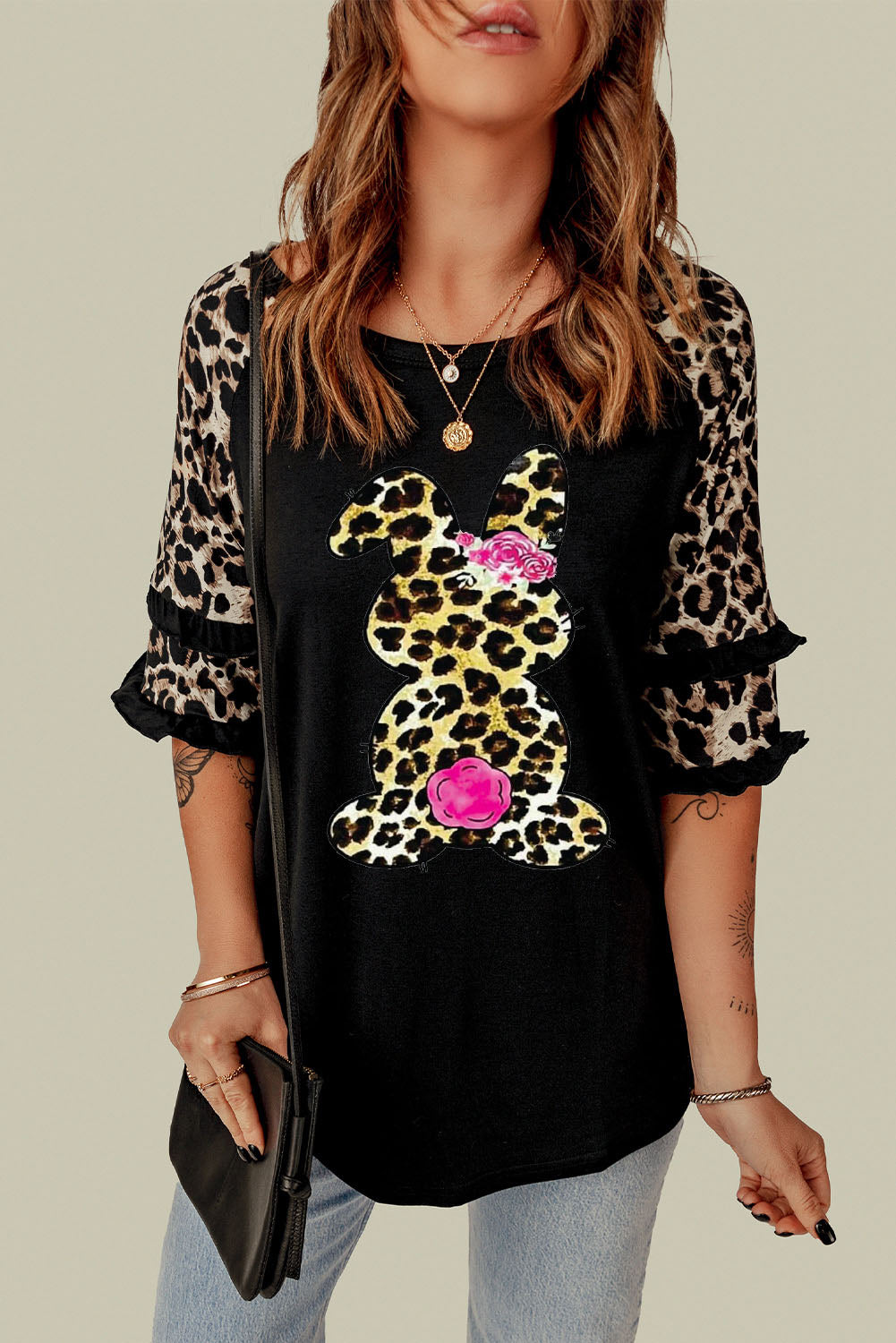 Easter Leopard Frill Trim Half-Sleeve Top 