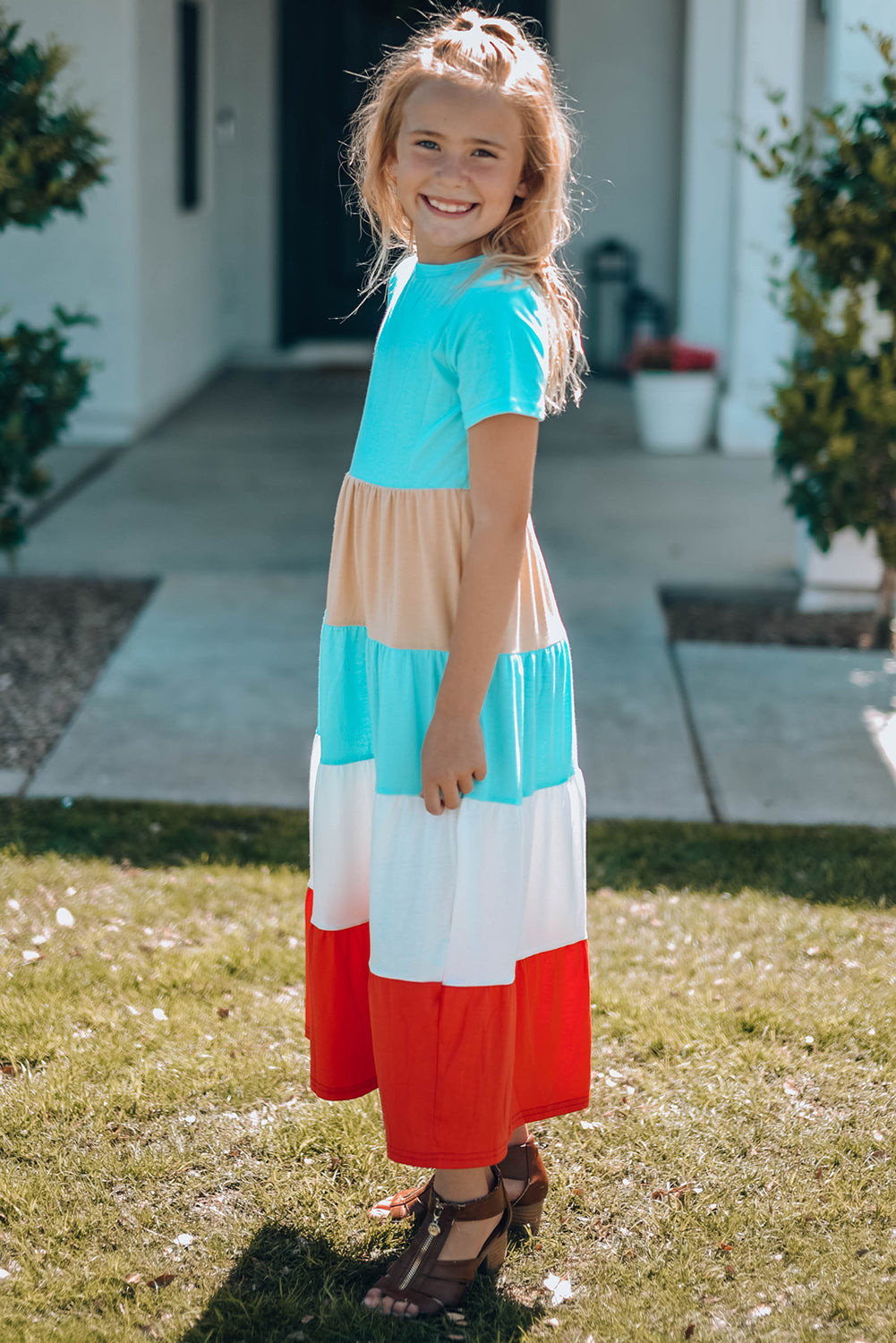 Girls Color Block Round Neck Maxi Dress 