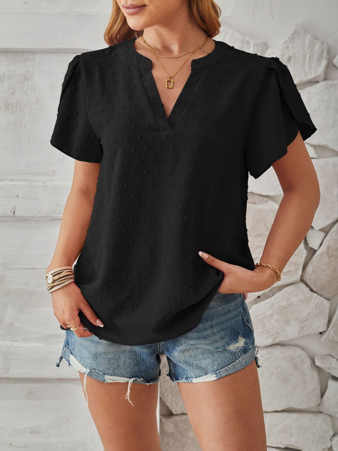 Swiss Dot Notched Petal Sleeve T-Shirt 