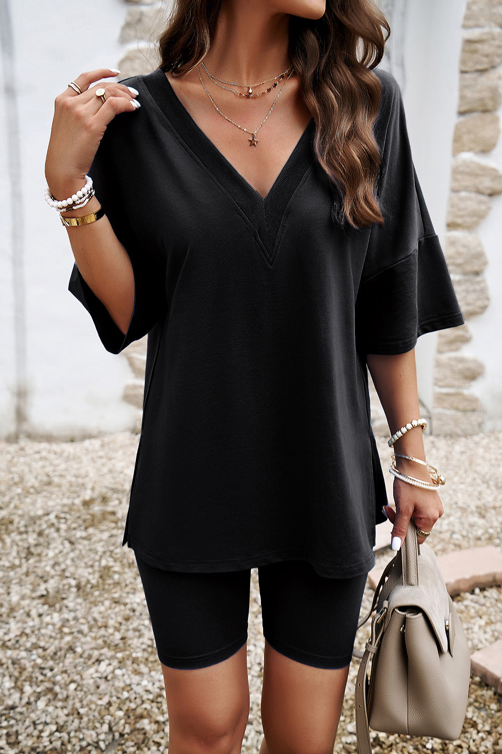 V-Neck Dropped Shoulder Top and Shorts Set 