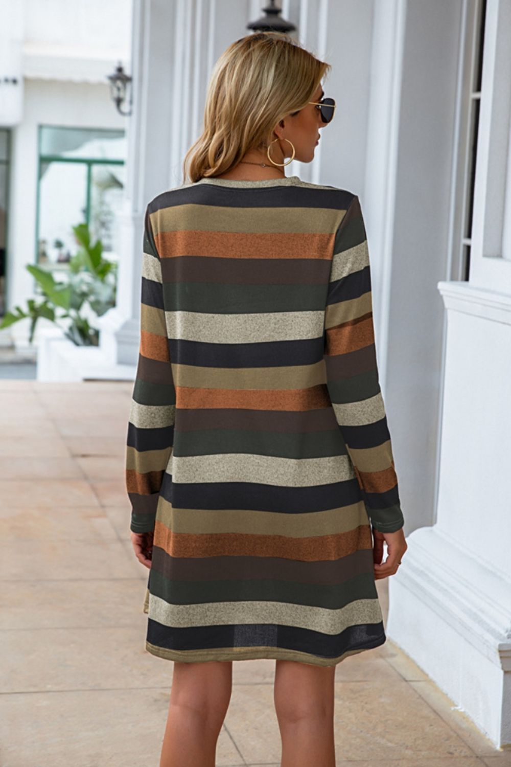 Striped Round Neck Long Sleeve Dress 