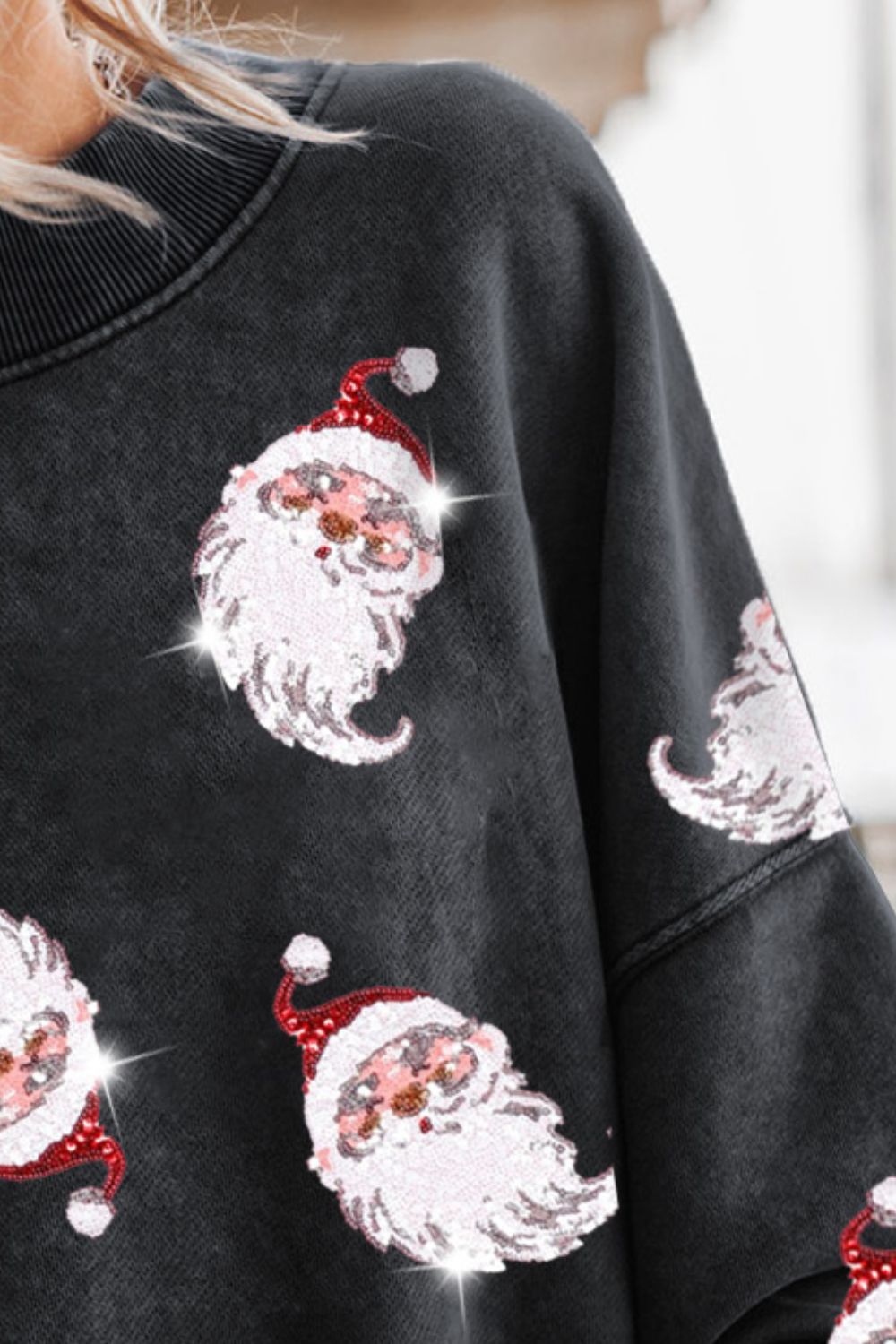 Sequin Santa Round Neck Drop Shoulder Sweatshirt 