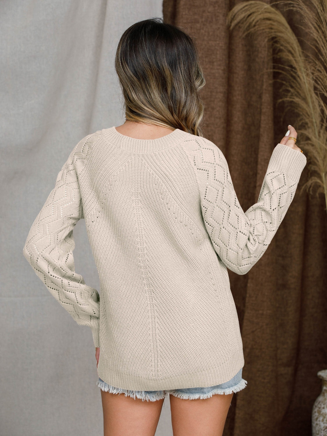 Openwork Round Neck Raglan Sleeve Sweater 