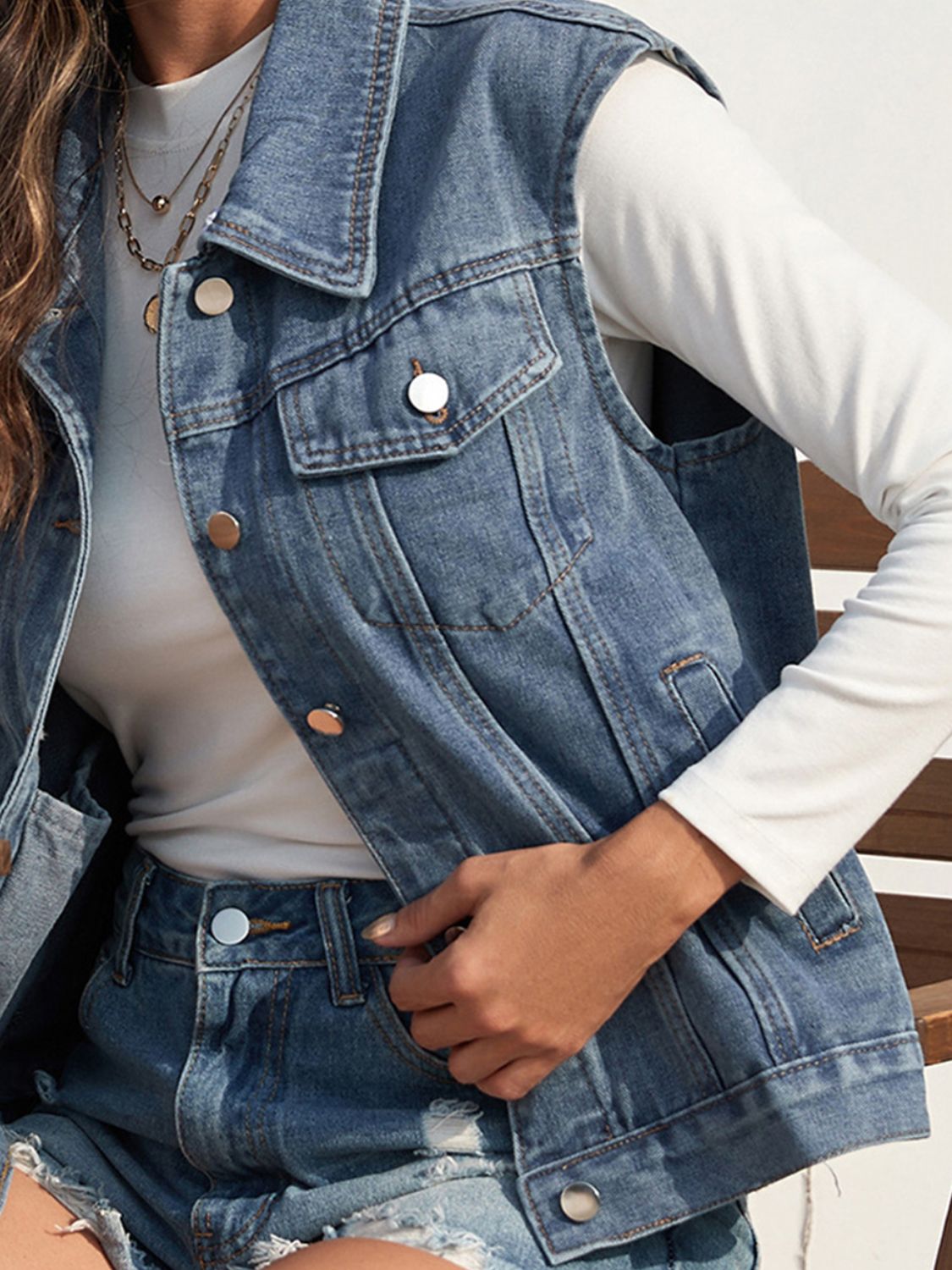 Collared Neck Sleeveless Denim Jacket 