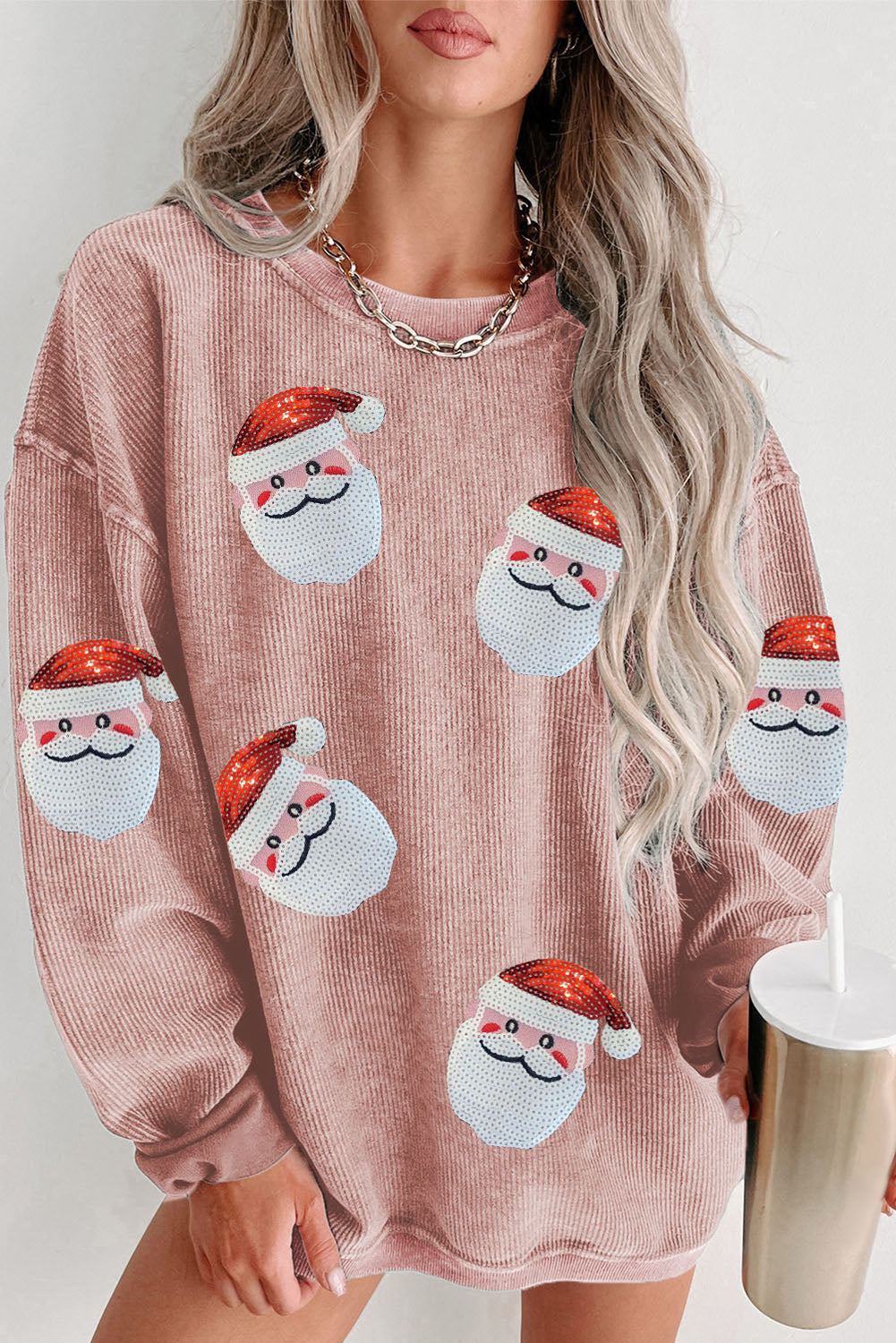 Sequin Santa Patch Ribbed Sweatshirt - Babbazon Sparkly Clothes