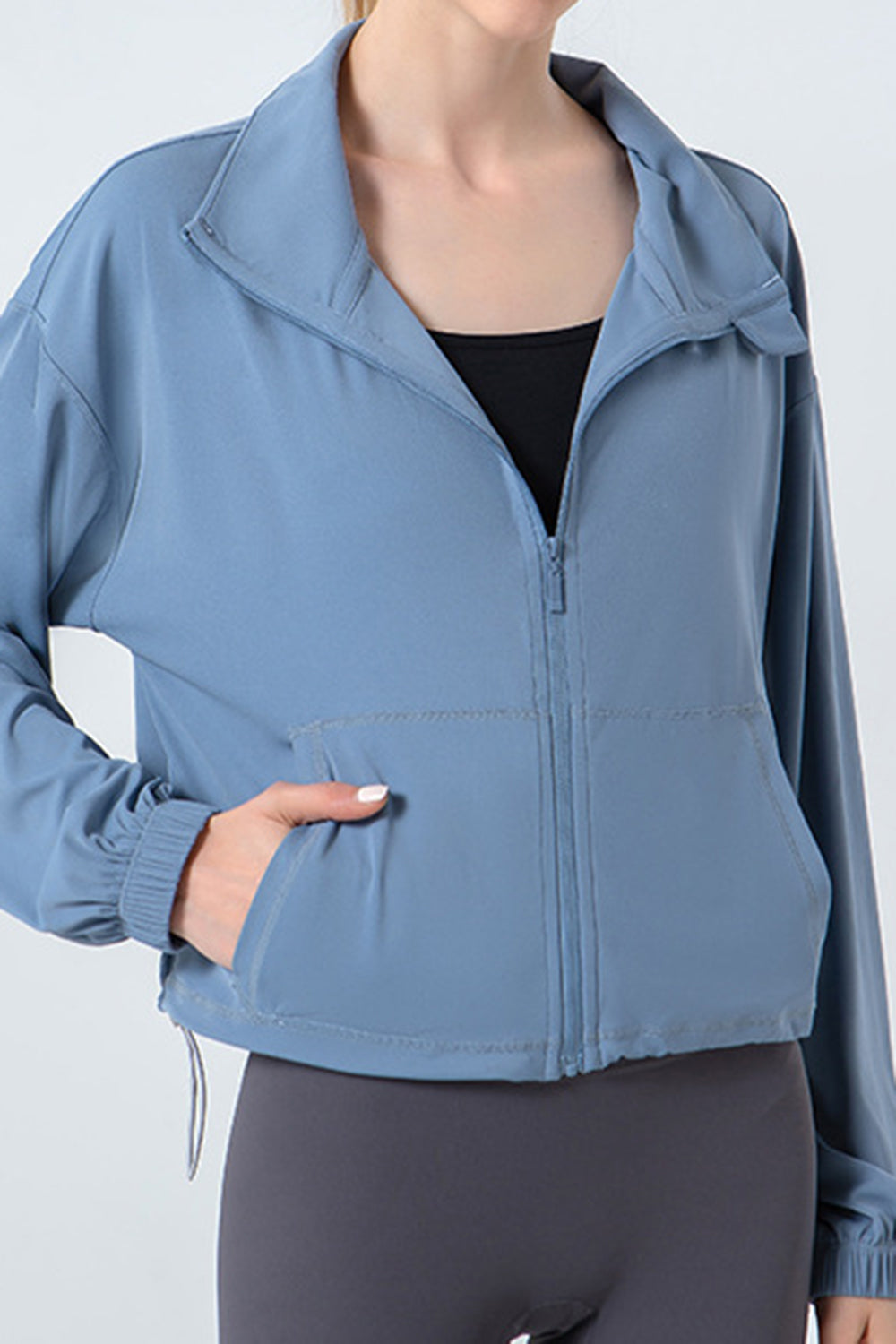 Drawstring Zip Up Dropped Shoulder Active Outerwear 