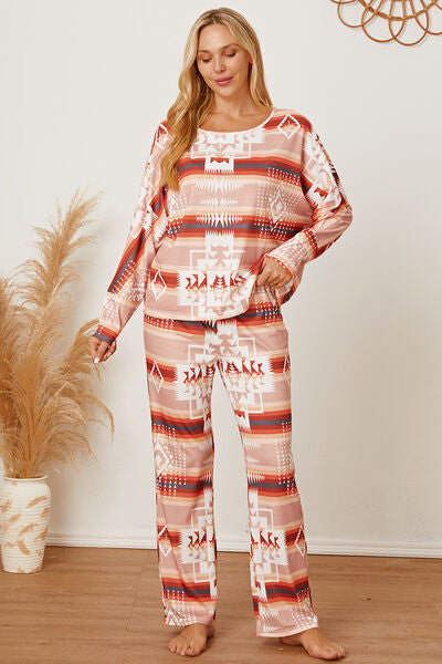 Striped Geometric Top and Pants Lounge Set 