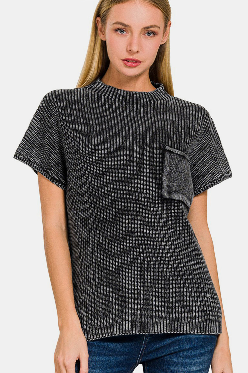 Zenana Pocketed Mock Neck Short Sleeve Sweater 