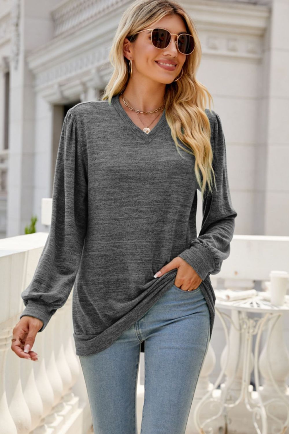 Long Puff Sleeve V-Neck Top 