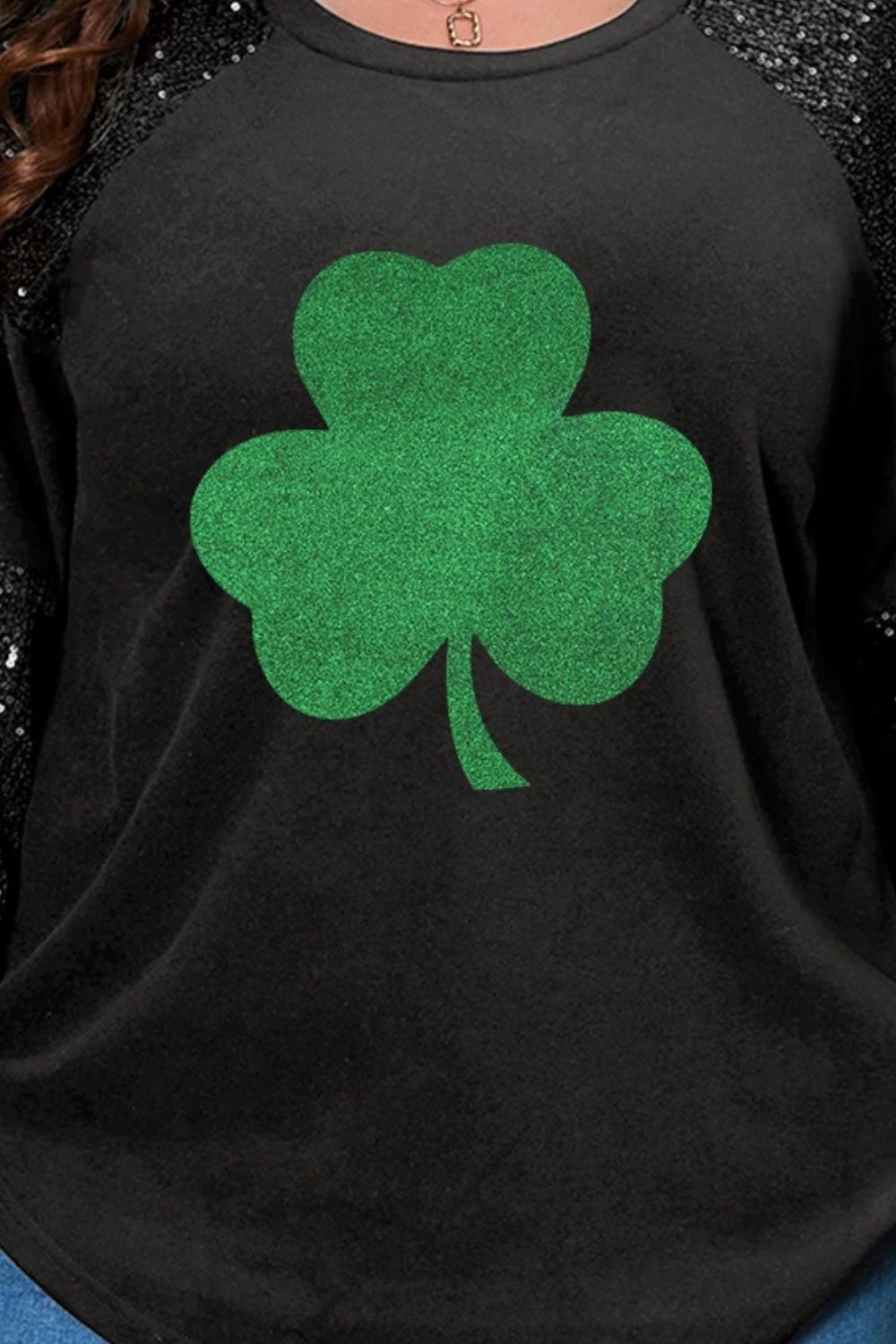 Plus Size Lucky Clover Sequin Round Neck Blouse 