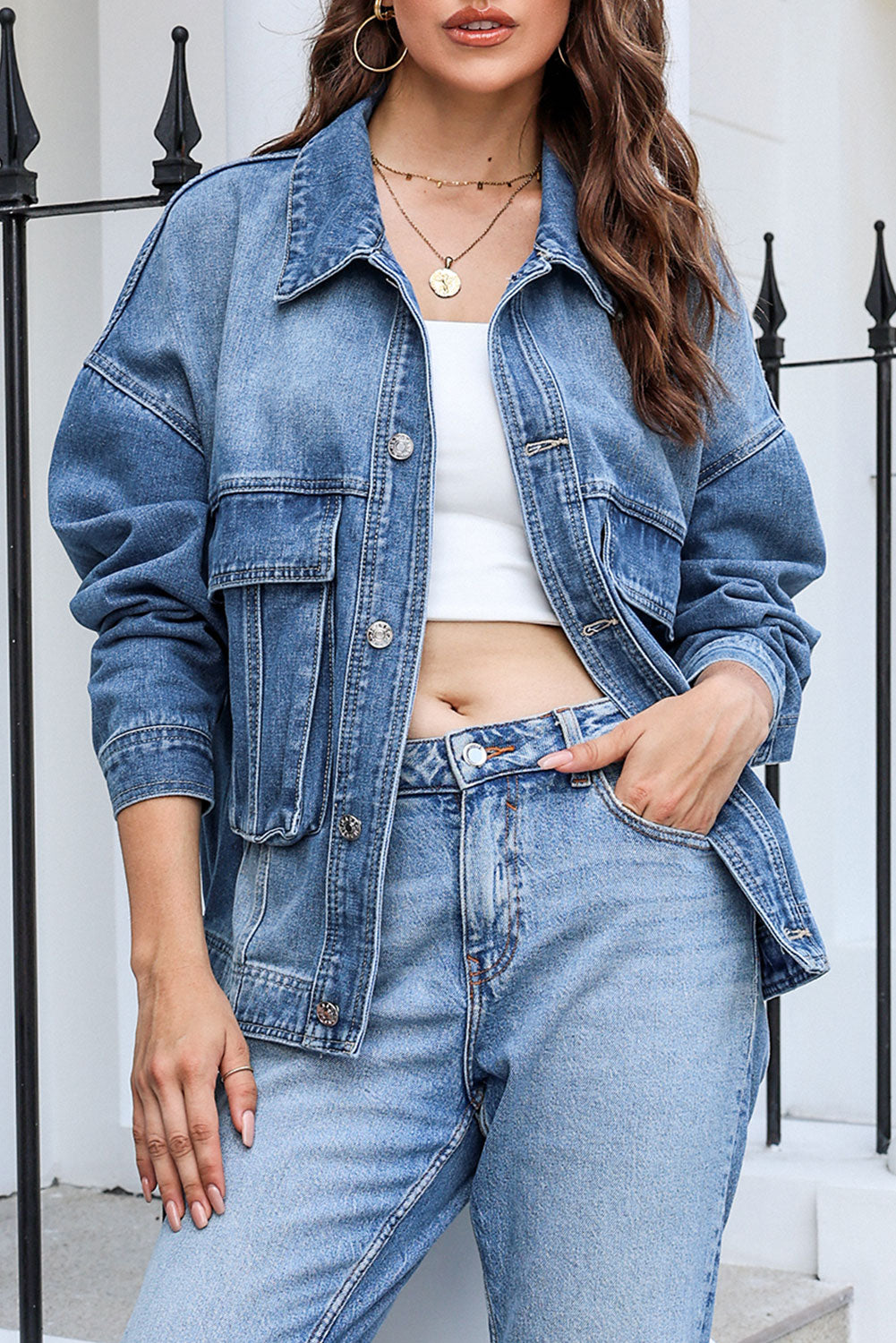 Button Up Dropped Shoulder Denim Jacket with Pockets - Babbazon Jacket